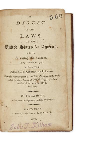 (LAW.) Thomas Herty, editor. A Digest of the Laws of the United States of America.                                                               